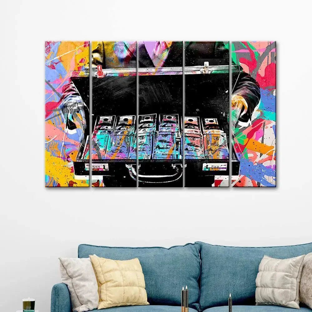 Lucky Briefcase Filled by Dollars Modern Art 5 Pieces Canvas Print Wall Painting - All India Decor