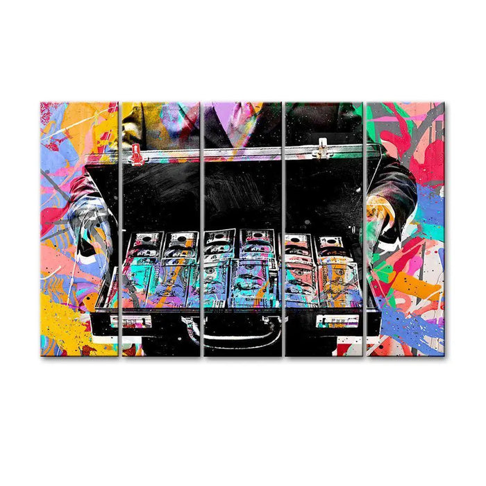 Lucky Briefcase Filled by Dollars Modern Art 5 Pieces Canvas Print Wall Painting