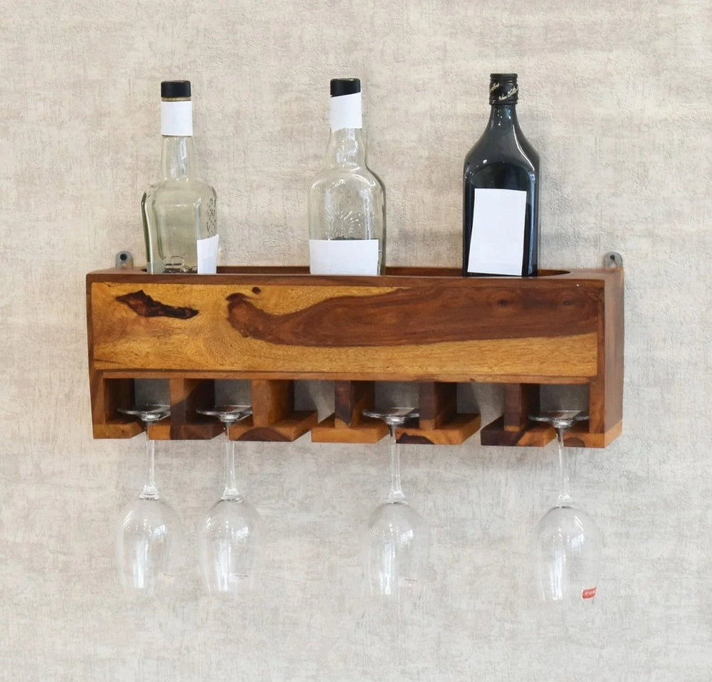 Yellow Natural Teak Wood Wall Mounted Bar Cabinet - All India Decor