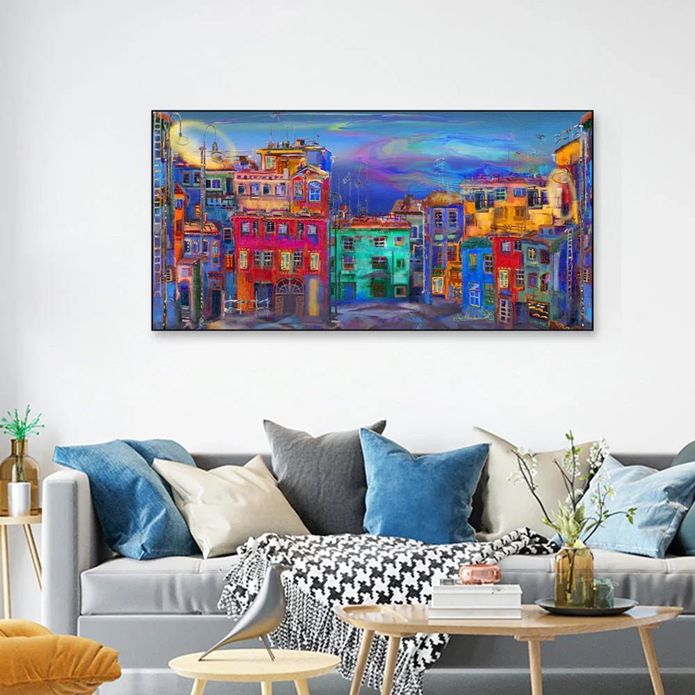 Vibrant homes in Evening street Framed Wall Art - All India Decor