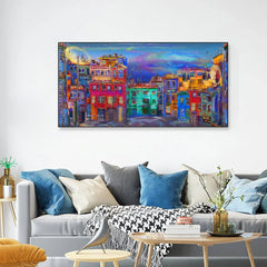 Vibrant homes in Evening street Framed Wall Art - All India Decor