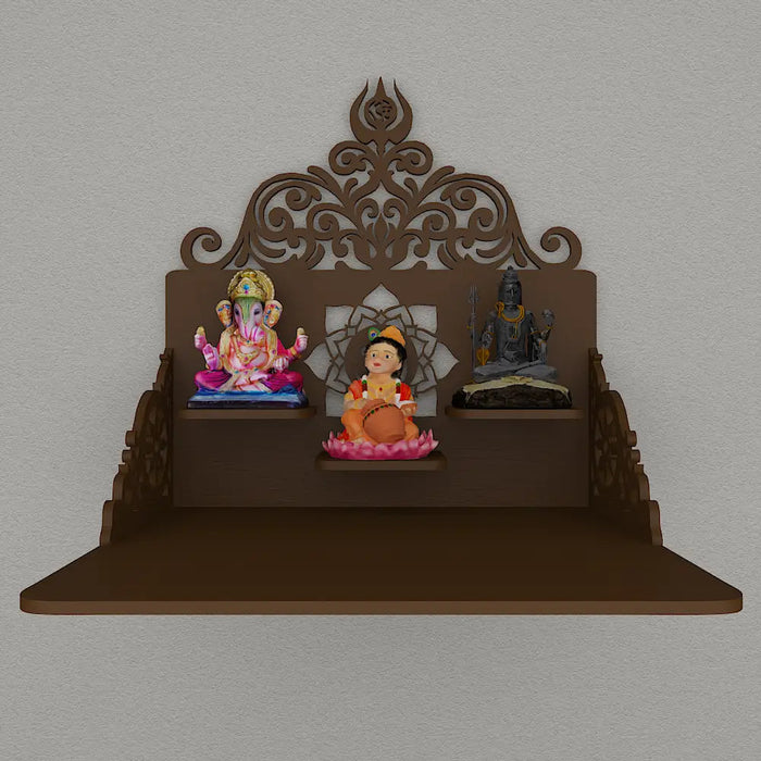 Beautiful Wall Wooden Temple/ Pooja Mandir Design with Shelf, Brown Color