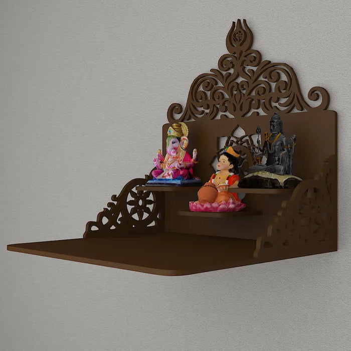 Beautiful Wall Wooden Temple/ Pooja Mandir Design with Shelf, Brown Color