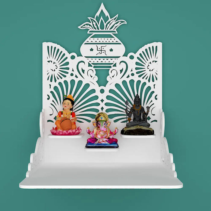 Beautiful Wall Hanging Wooden Temple/ Pooja Mandir Design with Shelf, White Color