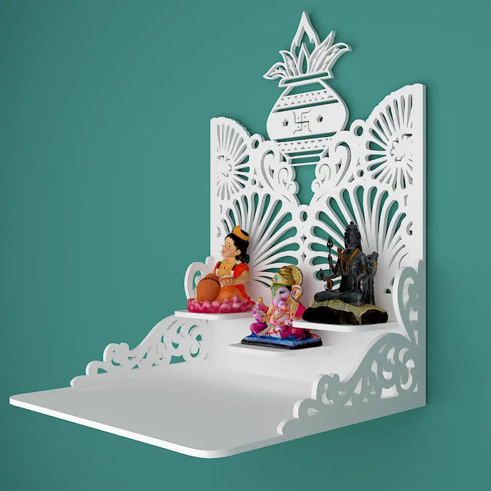 Beautiful Wall Hanging Wooden Temple/ Pooja Mandir Design with Shelf, White Color