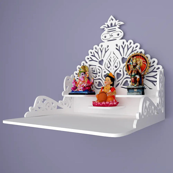 Beautiful Wall Hanging Wooden Temple/ Pooja Mandir Design with Shelf, White Color