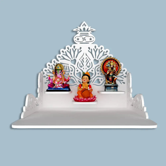 Beautiful Wall Hanging Wooden Temple/ Pooja Mandir Design with Shelf, White Color