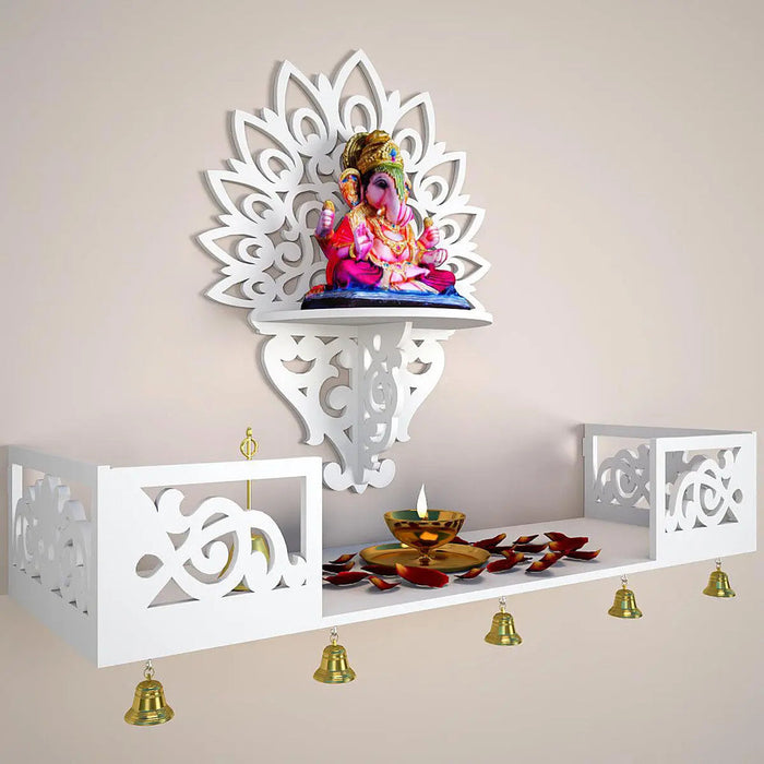 Beautiful Wall Hanging Wooden Temple/ Pooja Mandir Design with Shelf, White Color