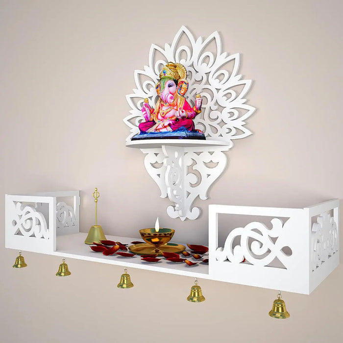 Beautiful Wall Hanging Wooden Temple/ Pooja Mandir Design with Shelf, White Color