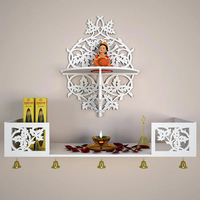 Beautiful Wall Hanging Wooden Temple/ Pooja Mandir Design with Shelf, White Color