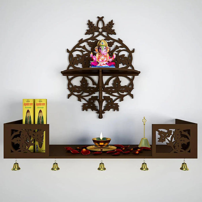 Beautiful Wall Hanging Wooden Temple/ Pooja Mandir Design with Shelf, Brown Color