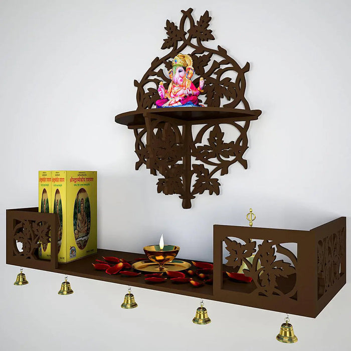 Beautiful Wall Hanging Wooden Temple/ Pooja Mandir Design with Shelf, Brown Color