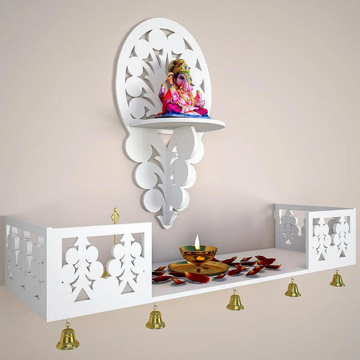 Beautiful Wall Hanging Wooden Temple/ Pooja Mandir Design with Shelf, White Color