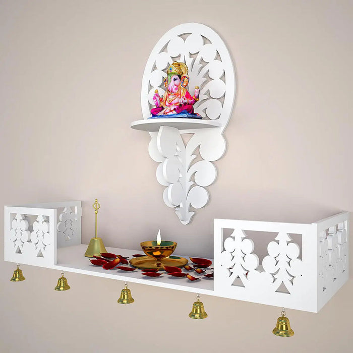 Beautiful Wall Hanging Wooden Temple/ Pooja Mandir Design with Shelf, White Color