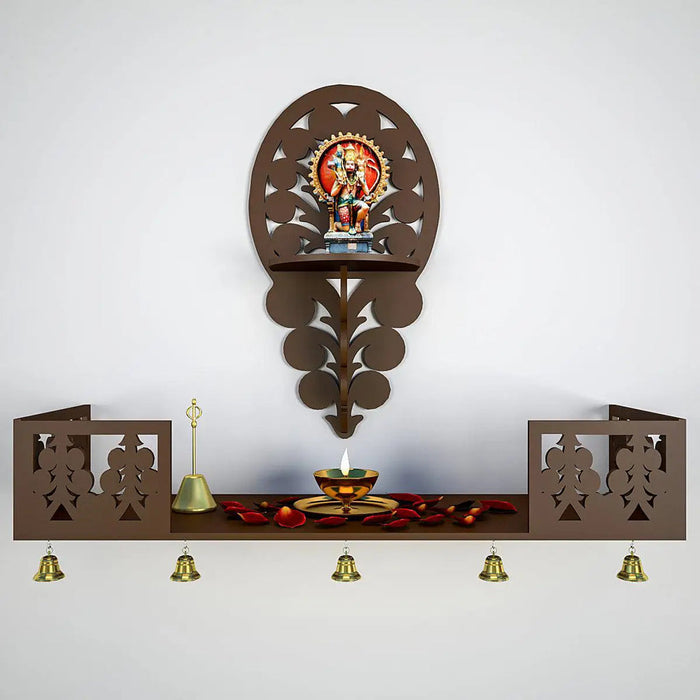 Beautiful Wall Hanging Wooden Temple/ Pooja Mandir Design with Shelf, Brown Color