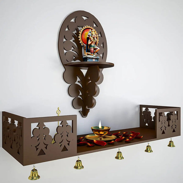 Beautiful Wall Hanging Wooden Temple/ Pooja Mandir Design with Shelf, Brown Color