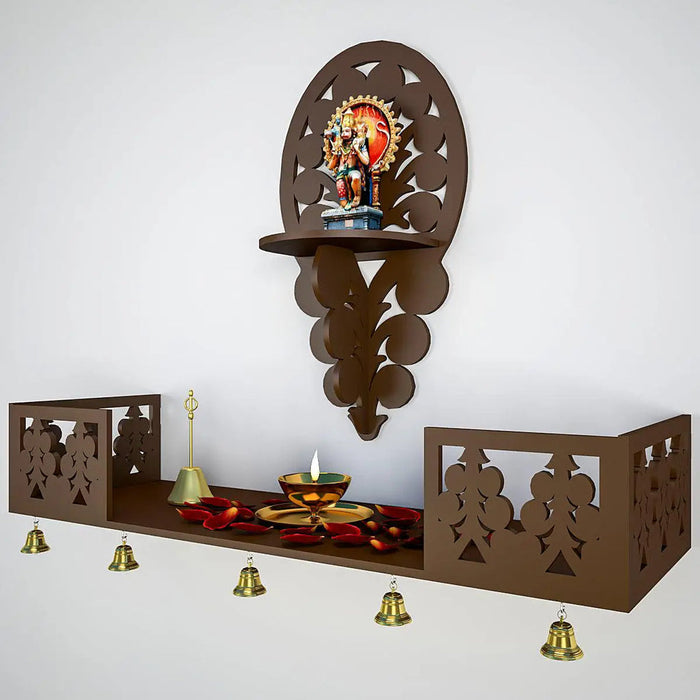 Beautiful Wall Hanging Wooden Temple/ Pooja Mandir Design with Shelf, Brown Color