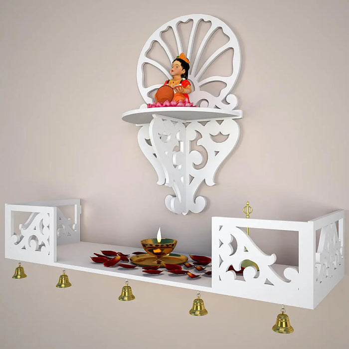 Beautiful Wall Hanging Wooden Temple/ Pooja Mandir Design with Shelf, White Color