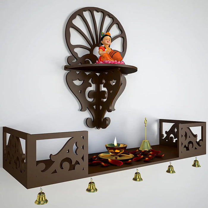 Beautiful Wall Hanging Wooden Temple/ Pooja Mandir Design with Shelf, Brown Color