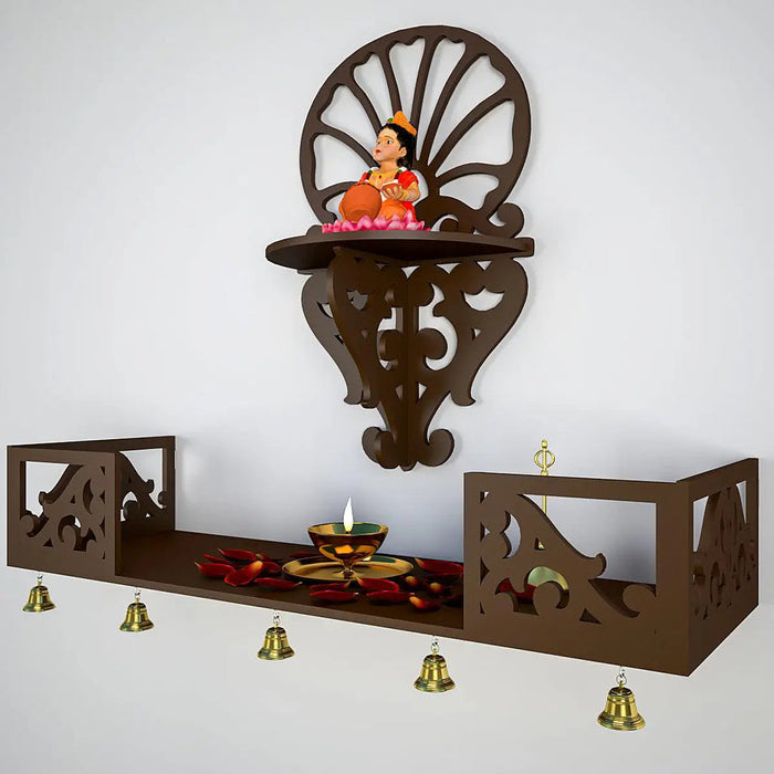 Beautiful Wall Hanging Wooden Temple/ Pooja Mandir Design with Shelf, Brown Color