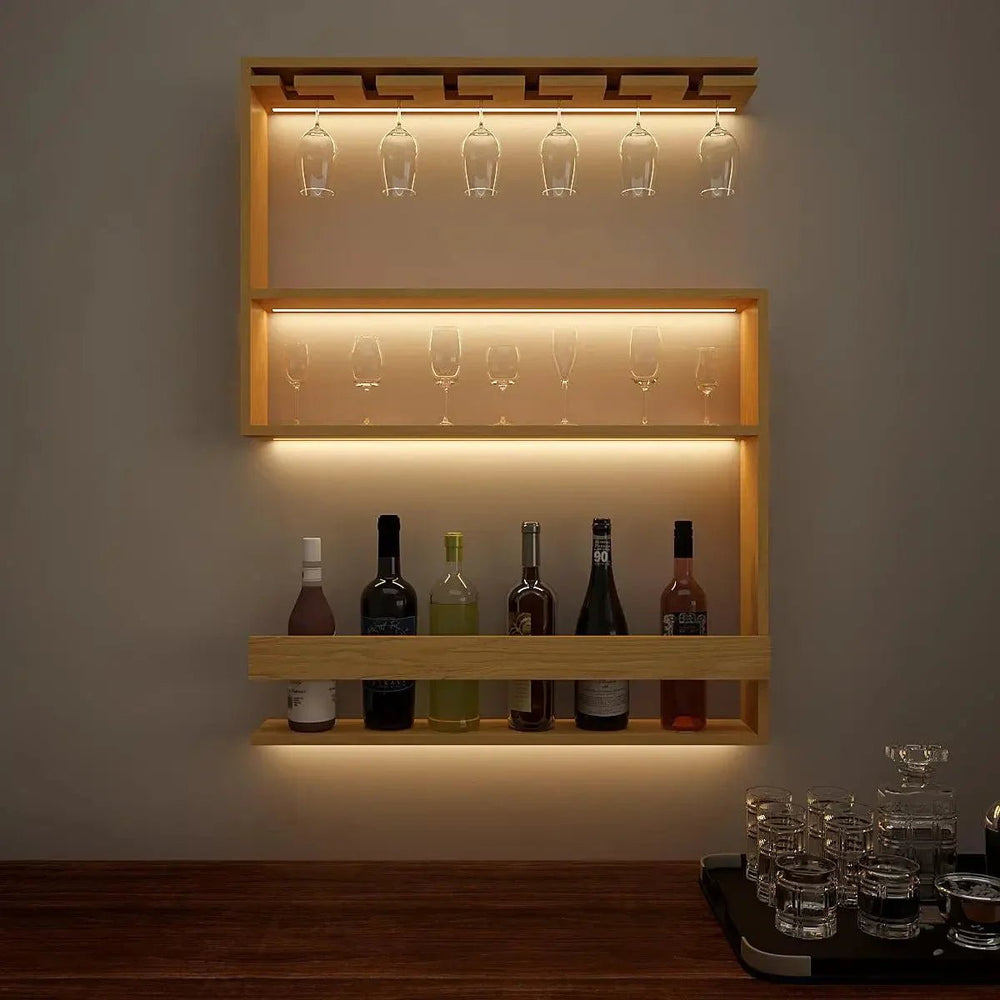 Modern MDF Bar Wall Shelf / Mini Bar Cabinet in Oak Finish - All India Decor
