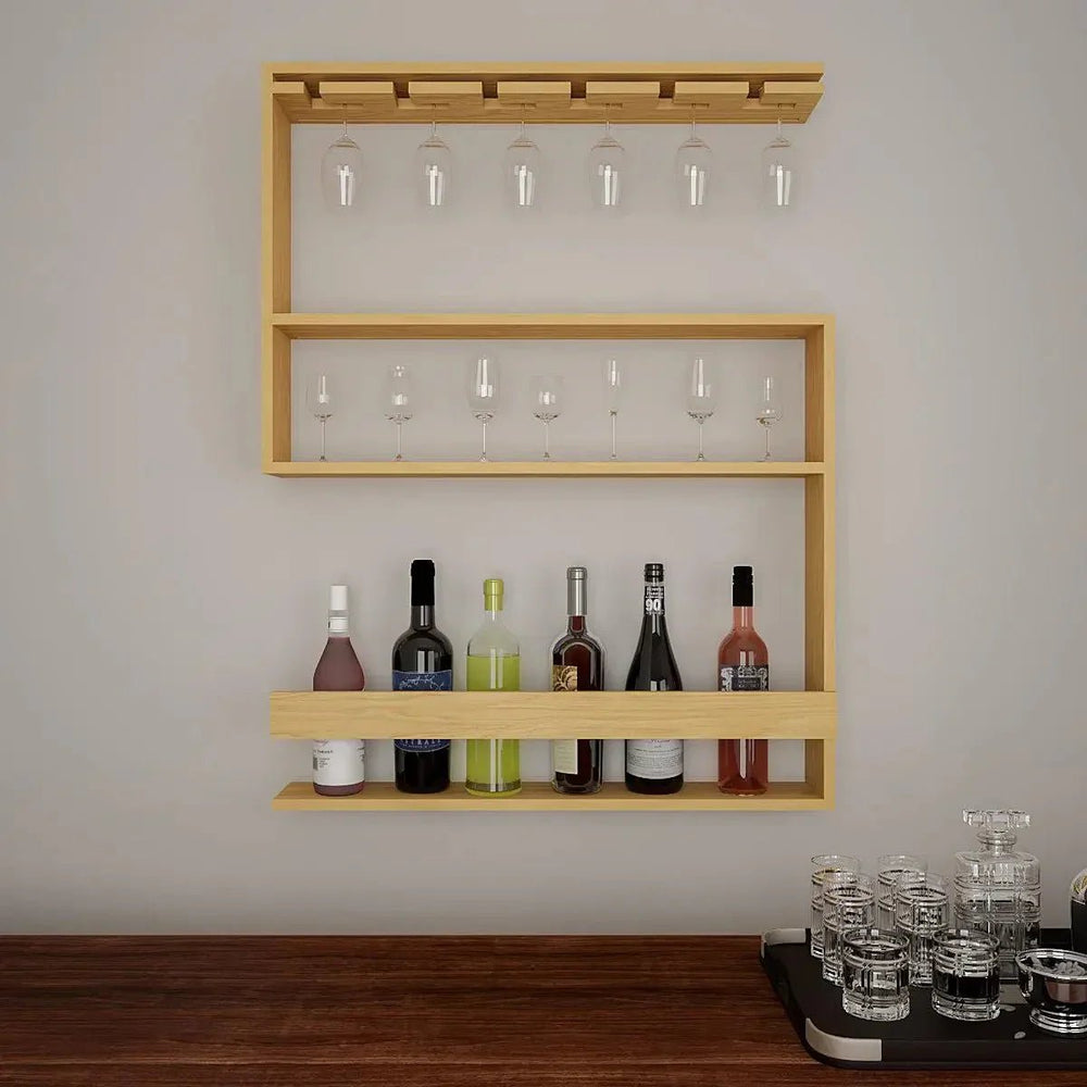 Modern MDF Bar Wall Shelf / Mini Bar Cabinet in Oak Finish - All India Decor