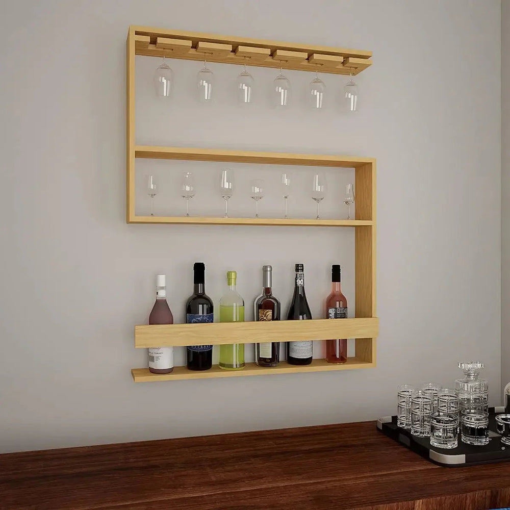 Modern MDF Bar Wall Shelf / Mini Bar Cabinet in Oak Finish - All India Decor
