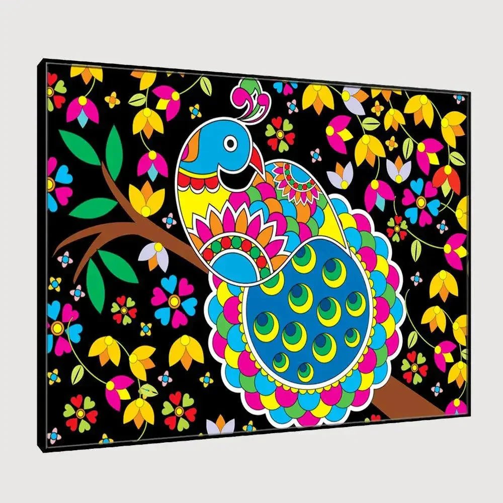 Beautiful Peacock Madhubani Painting / Canvas Print Stretched on Wood Bars 61 x 41cm - All India Decor