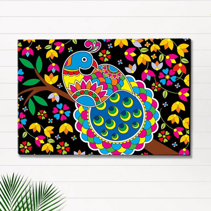 Beautiful Peacock Madhubani Painting /  Canvas Print  Stretched on Wood Bars 61 x 41cm