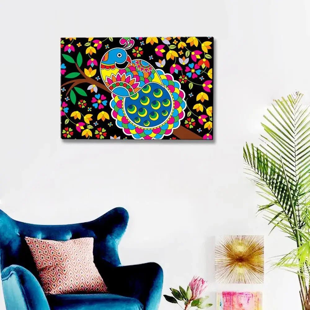 Beautiful Peacock Madhubani Painting / Canvas Print Stretched on Wood Bars 61 x 41cm - All India Decor
