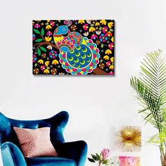 Beautiful Peacock Madhubani Painting / Canvas Print Stretched on Wood Bars 61 x 41cm - All India Decor