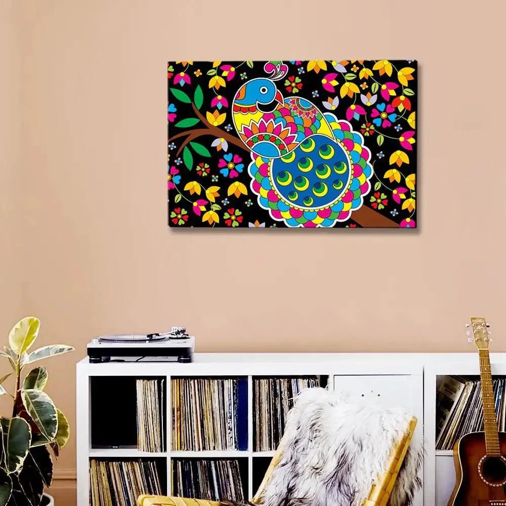 Beautiful Peacock Madhubani Painting / Canvas Print Stretched on Wood Bars 61 x 41cm - All India Decor