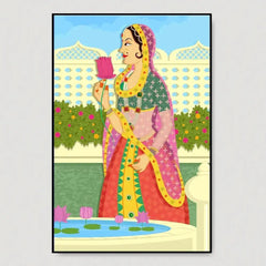 Beautiful Queen at Garden Madhubani Painting / Canvas Print Stretched on Wood Bars 61 x 41cm - All India Decor