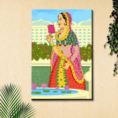Beautiful Queen at Garden Madhubani Painting / Canvas Print Stretched on Wood Bars 61 x 41cm - All India Decor