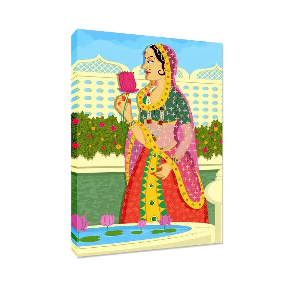 Beautiful Queen at Garden Madhubani Painting / Canvas Print Stretched on Wood Bars 61 x 41cm - All India Decor