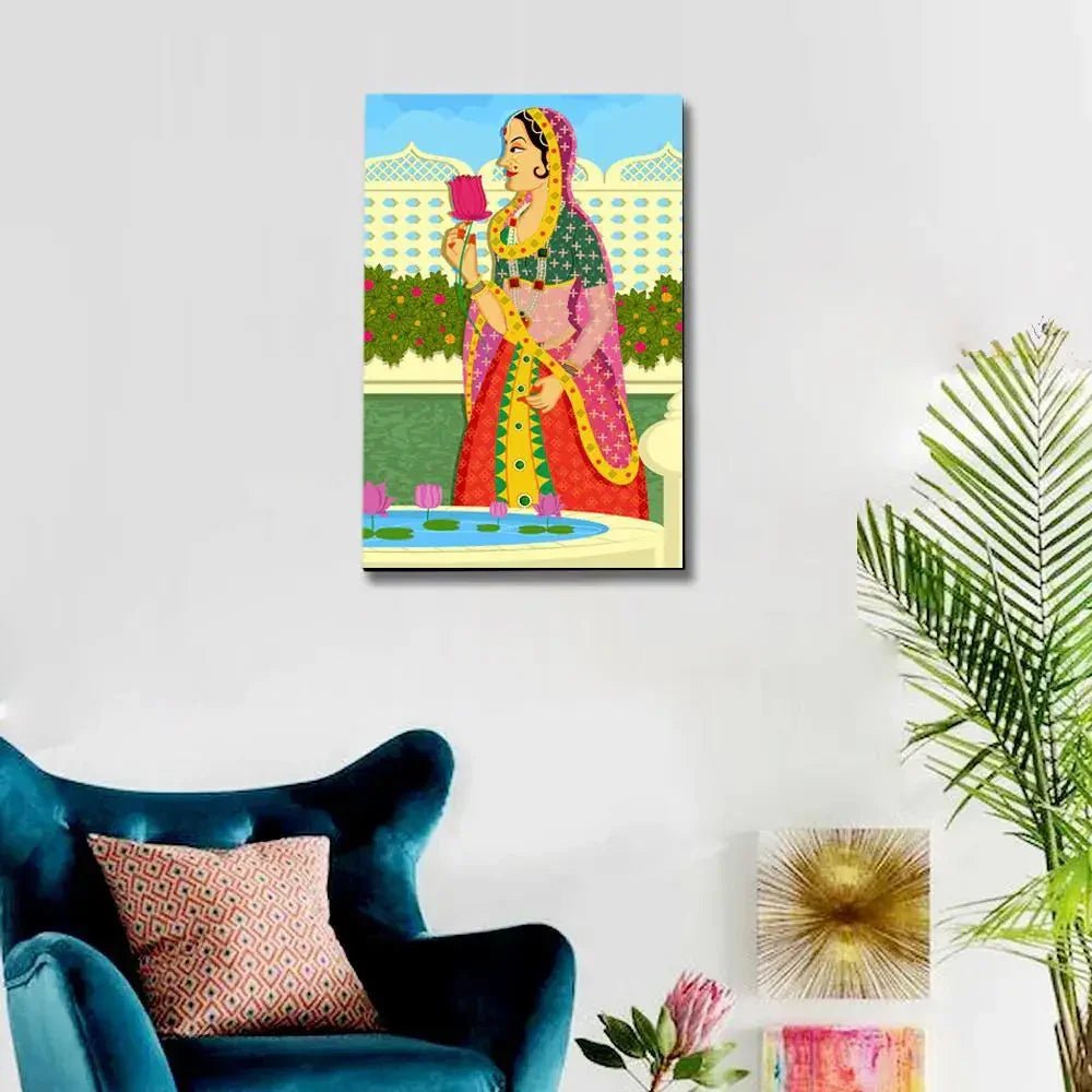 Beautiful Queen at Garden Madhubani Painting / Canvas Print Stretched on Wood Bars 61 x 41cm - All India Decor