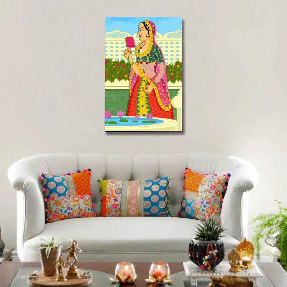 Beautiful Queen at Garden Madhubani Painting / Canvas Print Stretched on Wood Bars 61 x 41cm - All India Decor