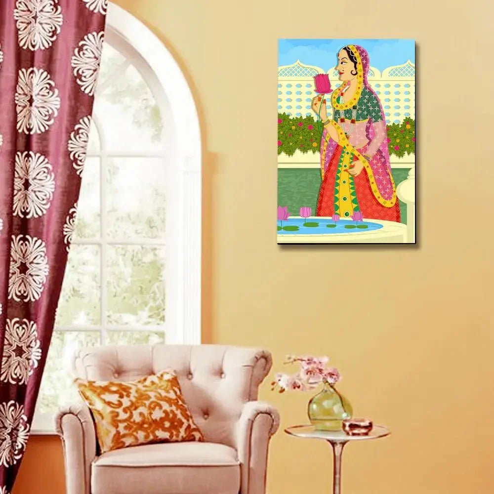 Beautiful Queen at Garden Madhubani Painting / Canvas Print Stretched on Wood Bars 61 x 41cm - All India Decor
