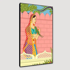 Queen with parrot Beautiful Madhubani Painting / Canvas Print Stretched on Wood Bars 61 x 41cm - All India Decor