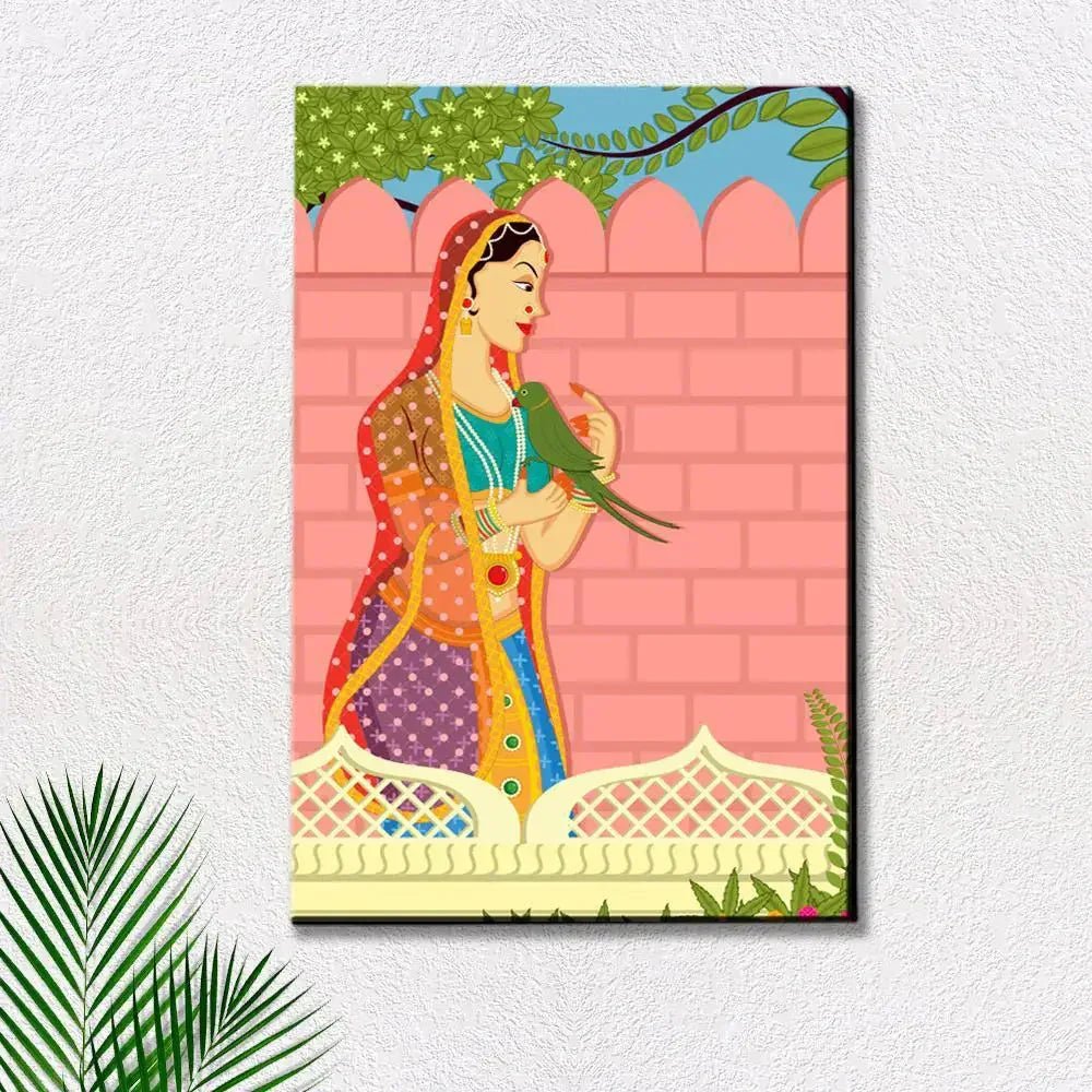 Queen with parrot Beautiful Madhubani Painting / Canvas Print Stretched on Wood Bars 61 x 41cm - All India Decor