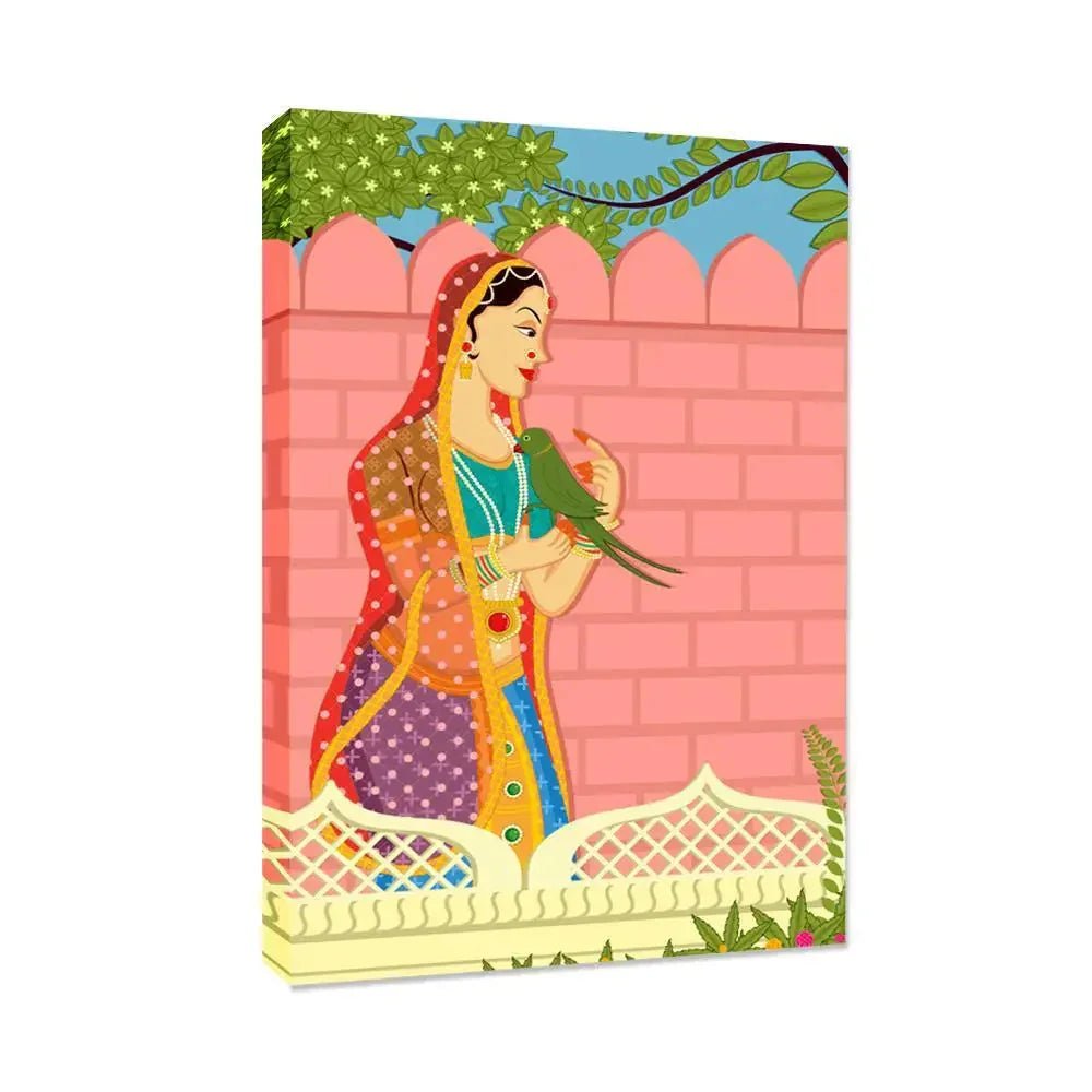 Queen with parrot Beautiful Madhubani Painting / Canvas Print Stretched on Wood Bars 61 x 41cm - All India Decor