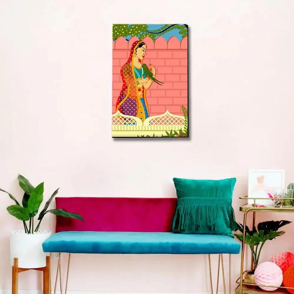 Beautiful Queen With Parrot Madhubani Painting / Canvas Print Stretched on Wood Bars 61 x 41cm - All India Decor
