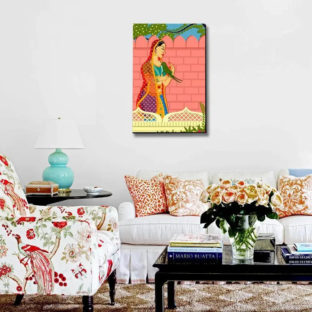 Queen with parrot Beautiful Madhubani Painting / Canvas Print Stretched on Wood Bars 61 x 41cm - All India Decor