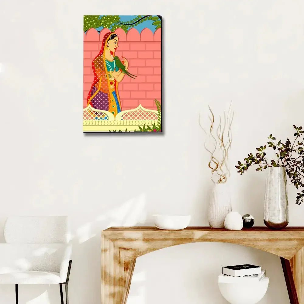 Beautiful Queen With Parrot Madhubani Painting / Canvas Print Stretched on Wood Bars 61 x 41cm - All India Decor