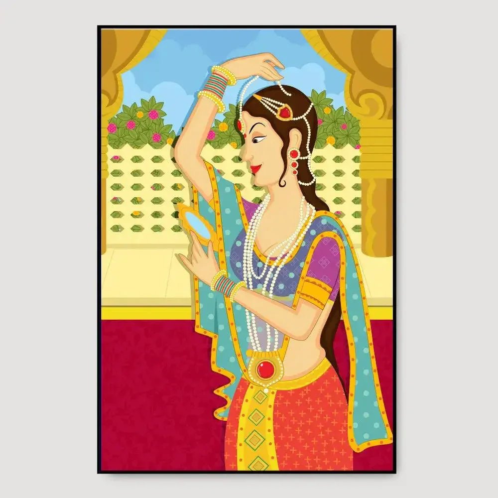 Beautiful Queen Madhubani Painting / Canvas Print Stretched on Wood Bars 61 x 41cm - All India Decor