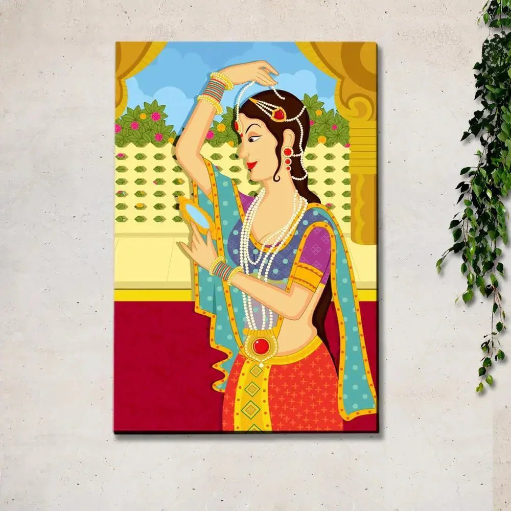 Beautiful Queen Madhubani Painting / Canvas Print Stretched on Wood Bars 61 x 41cm - All India Decor
