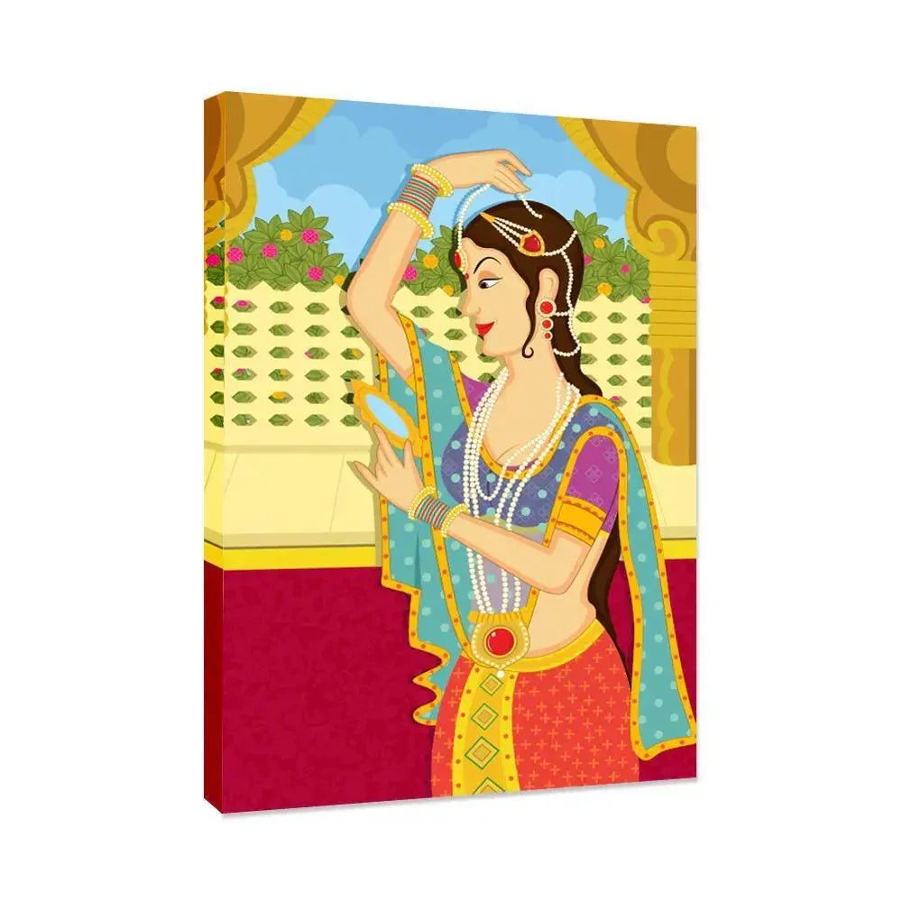 Beautiful Queen Madhubani Painting / Canvas Print Stretched on Wood Bars 61 x 41cm - All India Decor