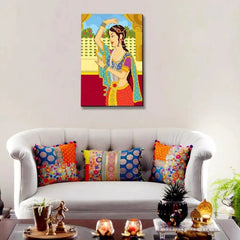 Beautiful Queen Madhubani Painting / Canvas Print Stretched on Wood Bars 61 x 41cm - All India Decor