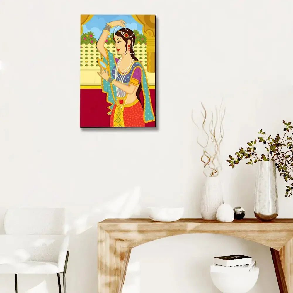 Beautiful Queen Madhubani Painting / Canvas Print Stretched on Wood Bars 61 x 41cm - All India Decor