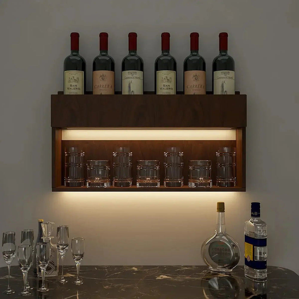 Modish Backlit MDF Bar Wall Shelf / Mini Bar Cabinet in Walnut Finish - All India Decor